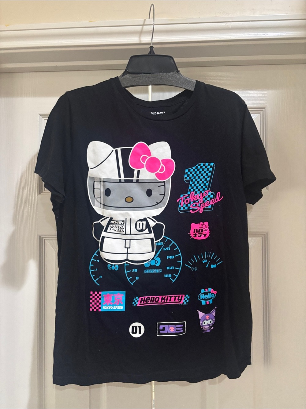 Old Navy Black Hello Kitty Racing Graphic Tee with Pink & Blue Accents